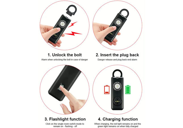 Personal Alarm - Panic Alarm - Keychain - 130 Decibels - USB Rechargeable - Black